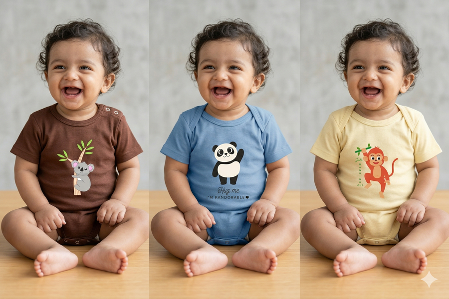 0-12 Months, Baby Boy Onesies Set of 3 (Brown, Blue, Yellow)