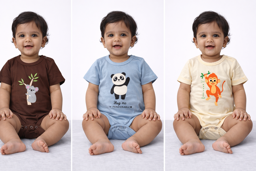 0-12 Months, Baby Boy Onesies Set of 3 (Brown, Blue, Yellow)