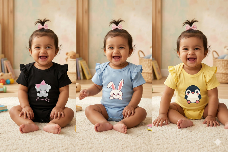0-6 Months, Baby Girl Onesies Set of 3 (Black, Blue , Yellow)