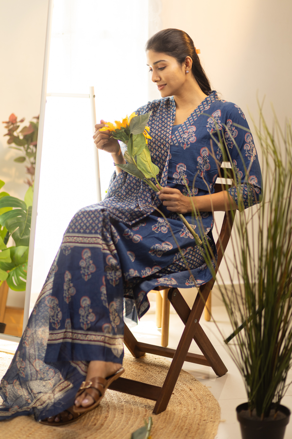 Navy Blue Feeding Straight Cut Set + Printed Chunni