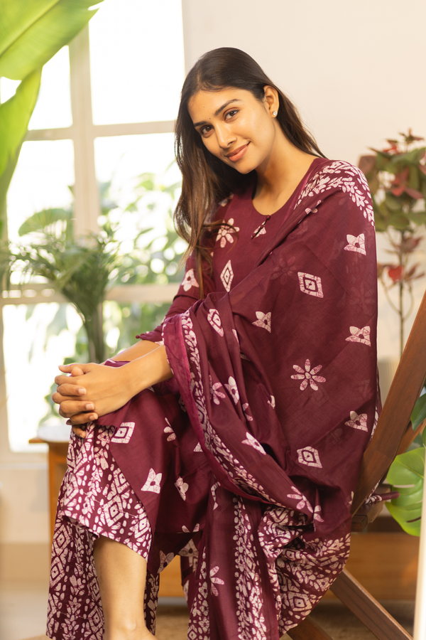 Maroon Feeding Straight Cut Set + Printed Chunni