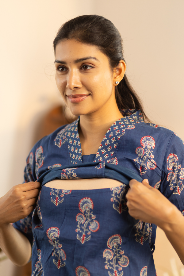 Navy Blue Feeding Straight Cut Set + Printed Chunni