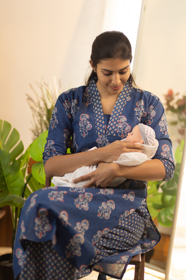 Navy Blue Feeding Straight Cut Set + Printed Chunni