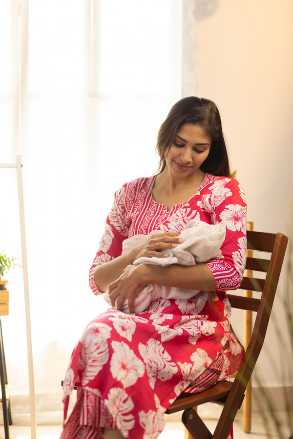 Bright Pink Feeding Straight Cut Set + Printed Chunni