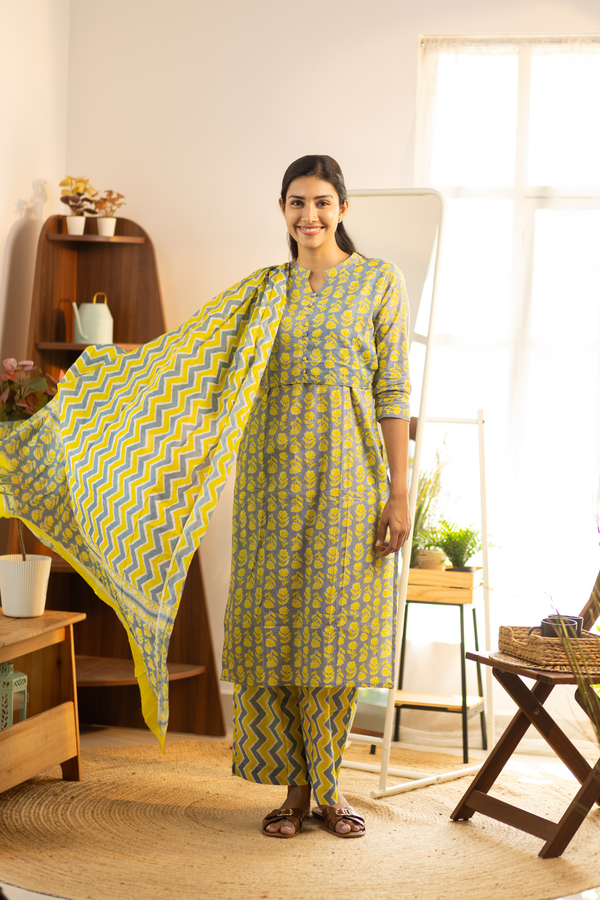 Grey with Yellow Floral Feeding Set + Printed Chunni