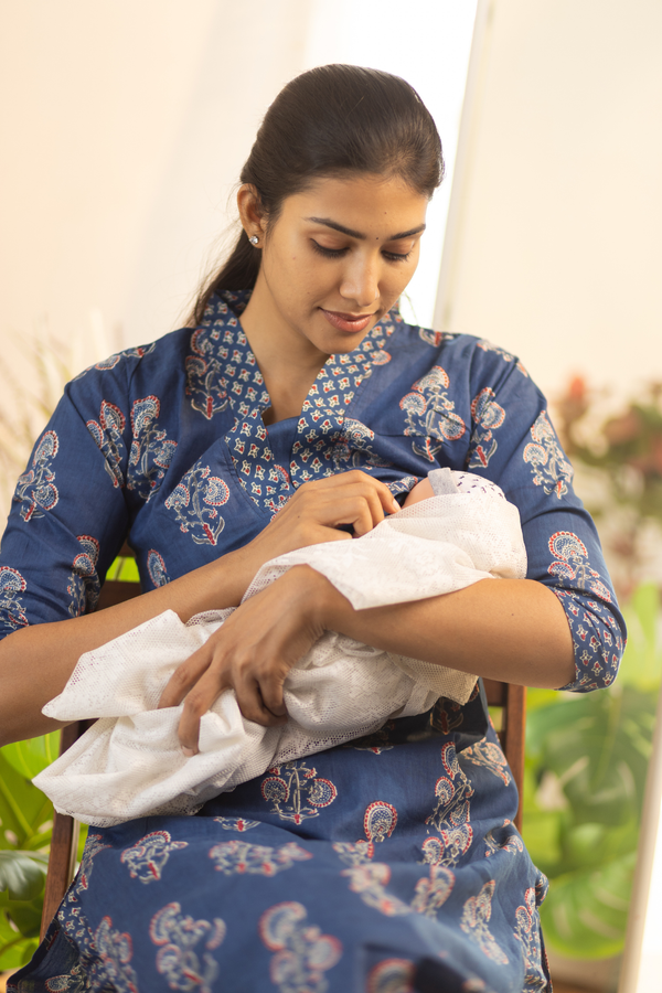 Navy Blue Feeding Straight Cut Set + Printed Chunni