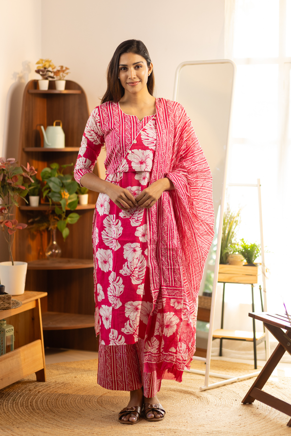 Bright Pink Feeding Straight Cut Set + Printed Chunni
