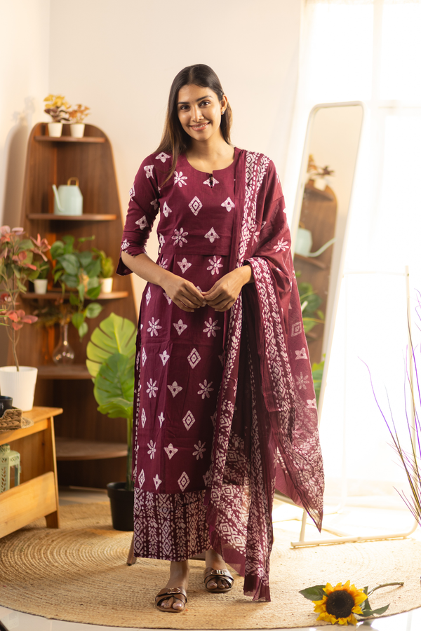 Maroon Feeding Straight Cut Set + Printed Chunni