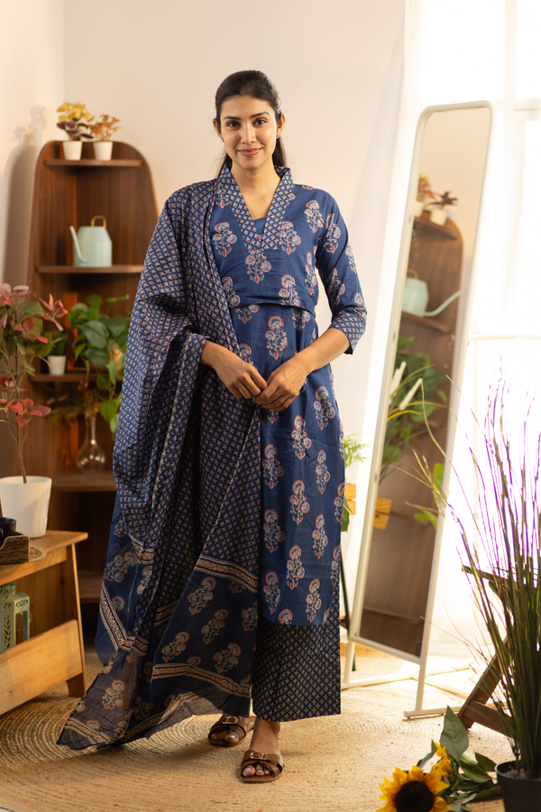 Navy Blue Feeding Straight Cut Set + Printed Chunni