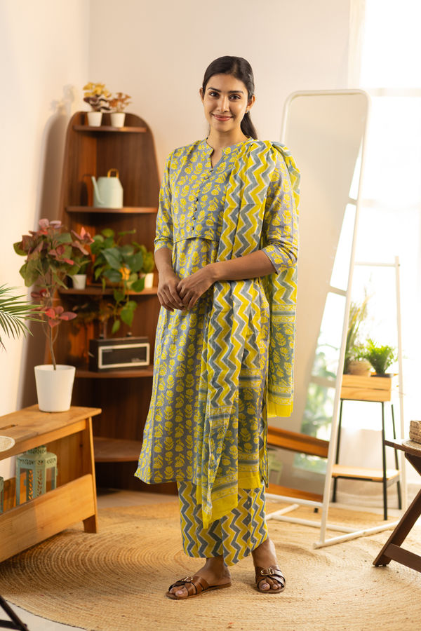 Grey with Yellow Floral Feeding Set + Printed Chunni