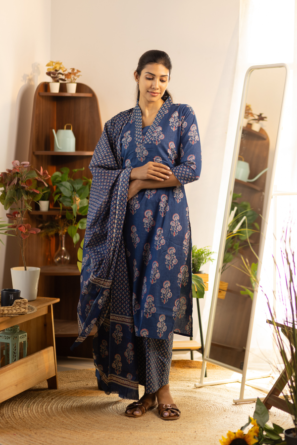Navy Blue Feeding Straight Cut Set + Printed Chunni