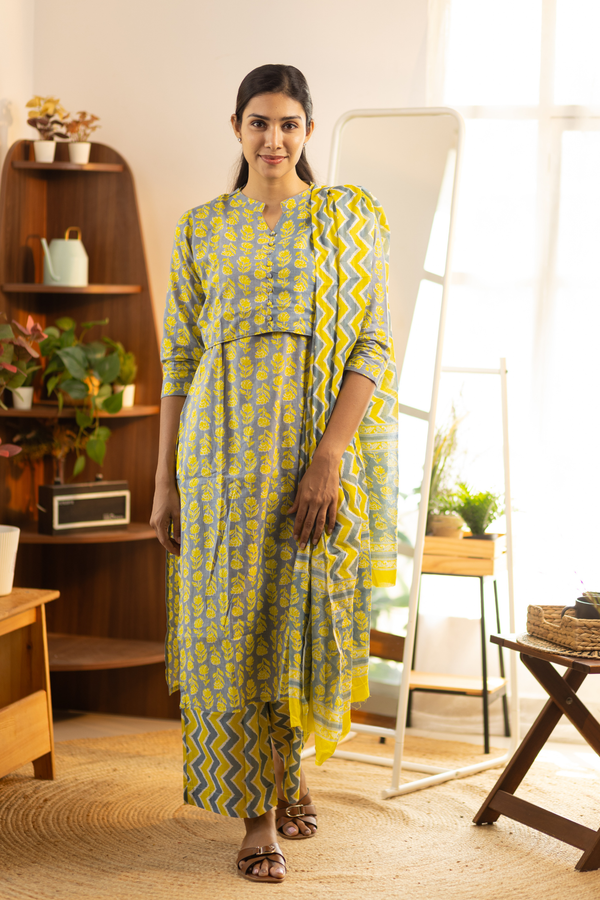 Grey with Yellow Floral Feeding Set + Printed Chunni