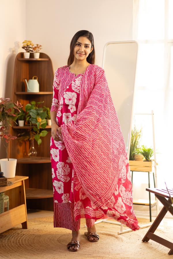 Bright Pink Feeding Straight Cut Set + Printed Chunni