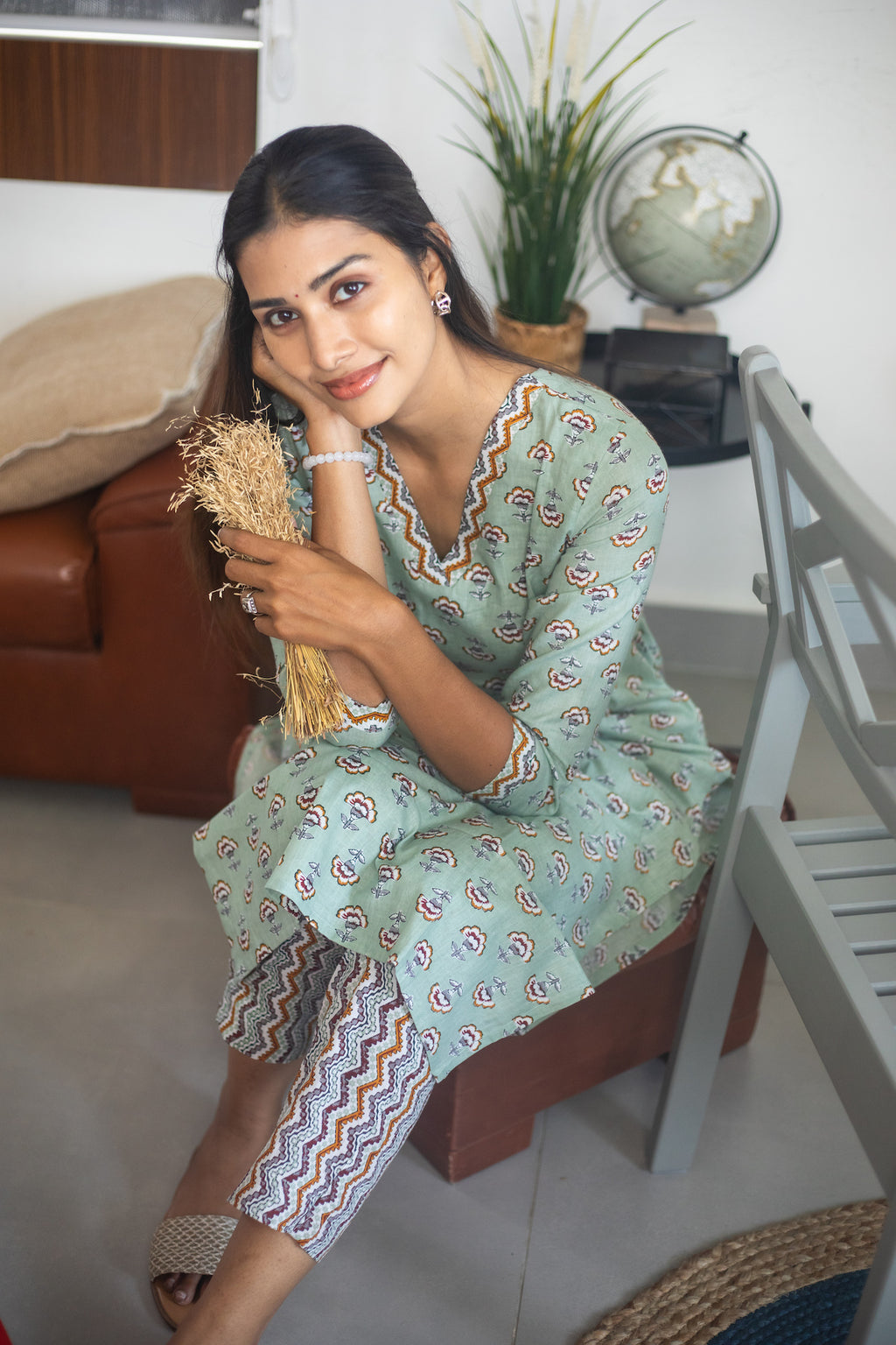 Light Green Block Printed Suit Set