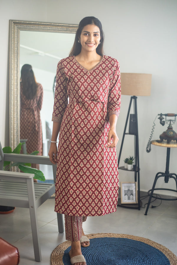 Maroon Block Printed Suit Set