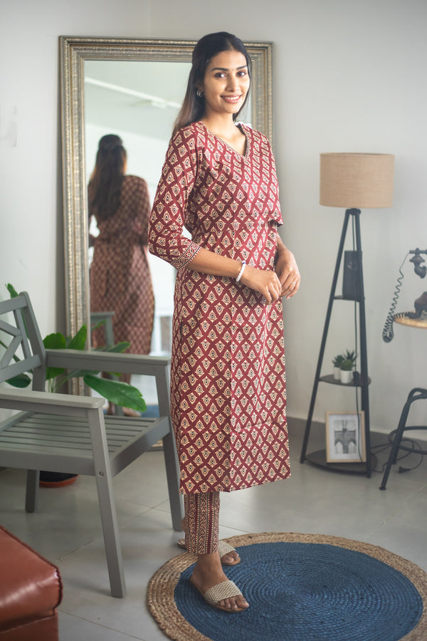 Maroon Block Printed Suit Set