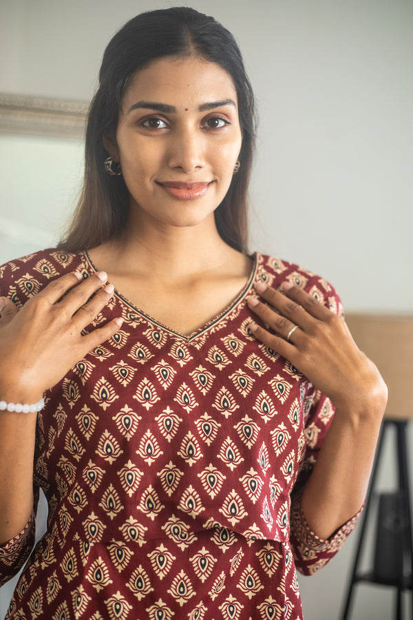 Maroon Block Printed Suit Set