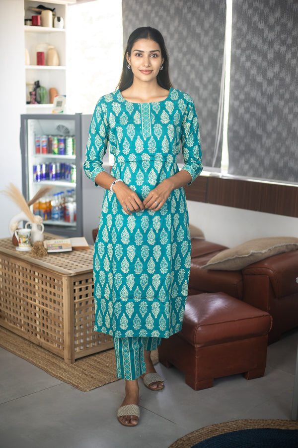 Blue Block Printed Suit Set