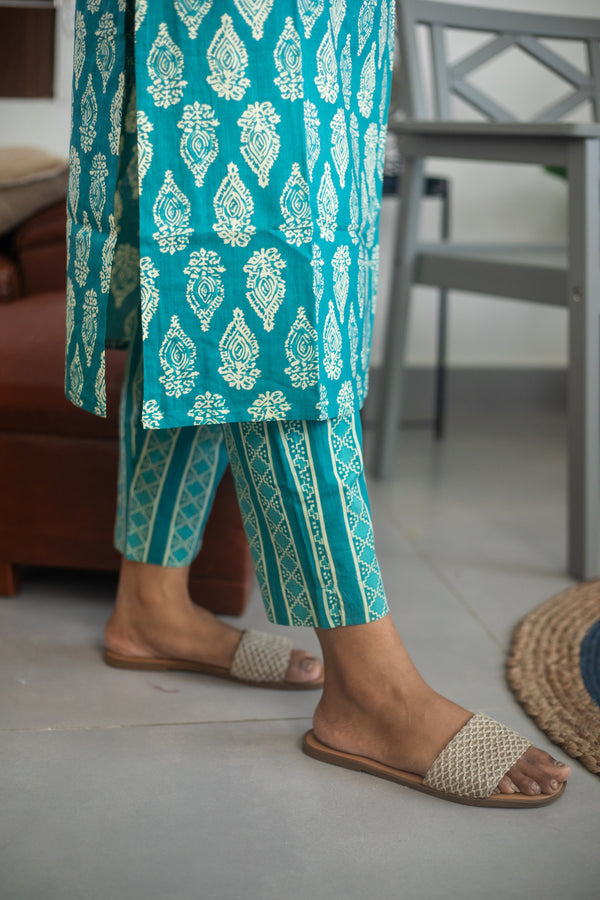 Blue Block Printed Suit Set