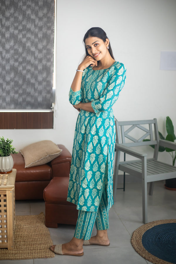 Blue Block Printed Suit Set