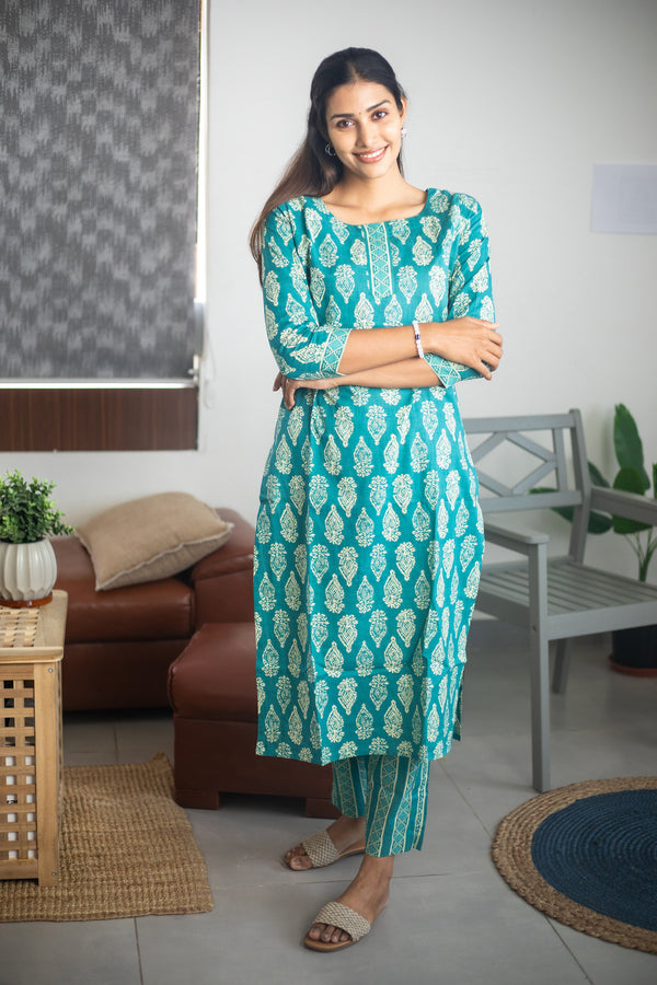 Blue Block Printed Suit Set