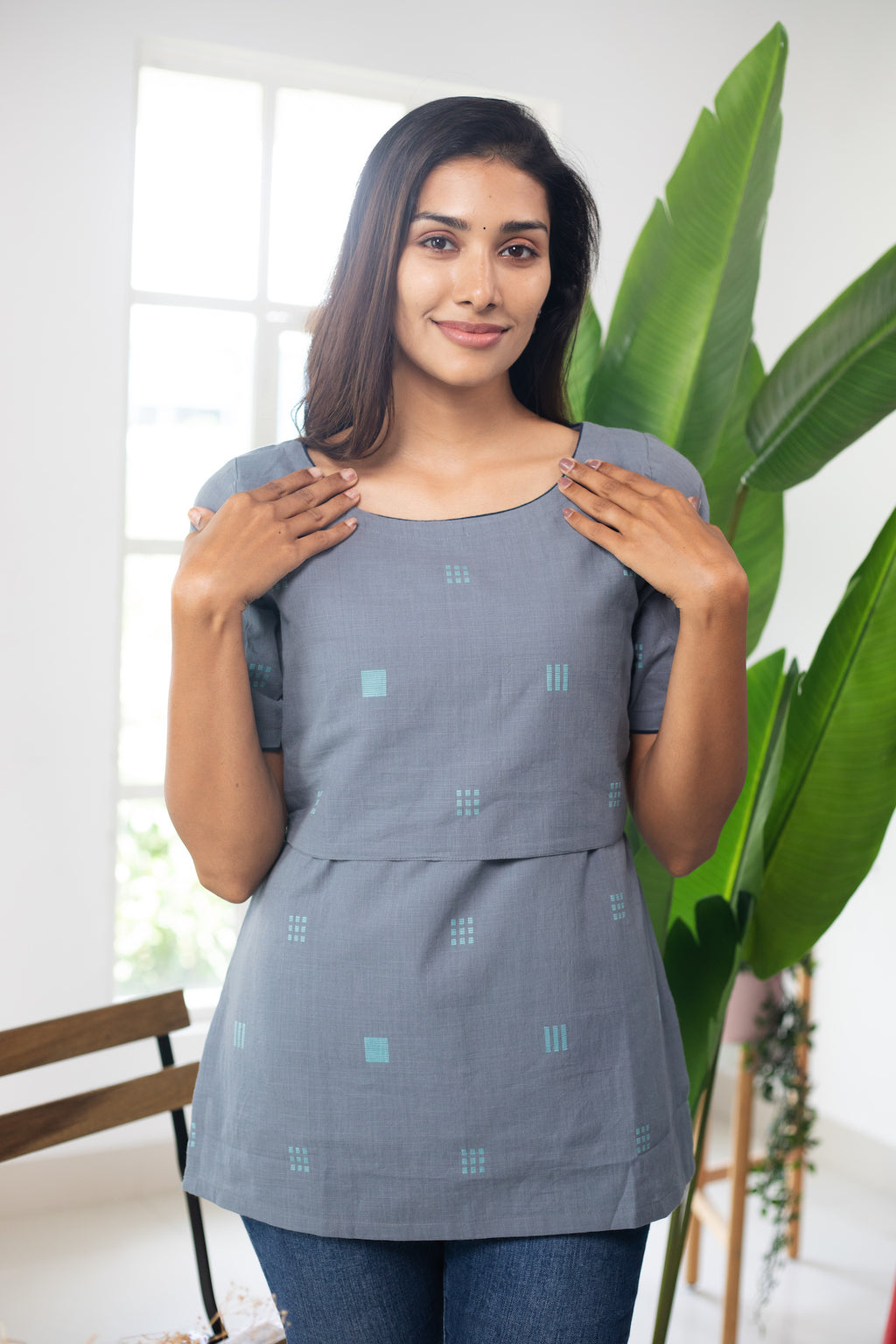 Grey with Blue Blocks Handloom Top