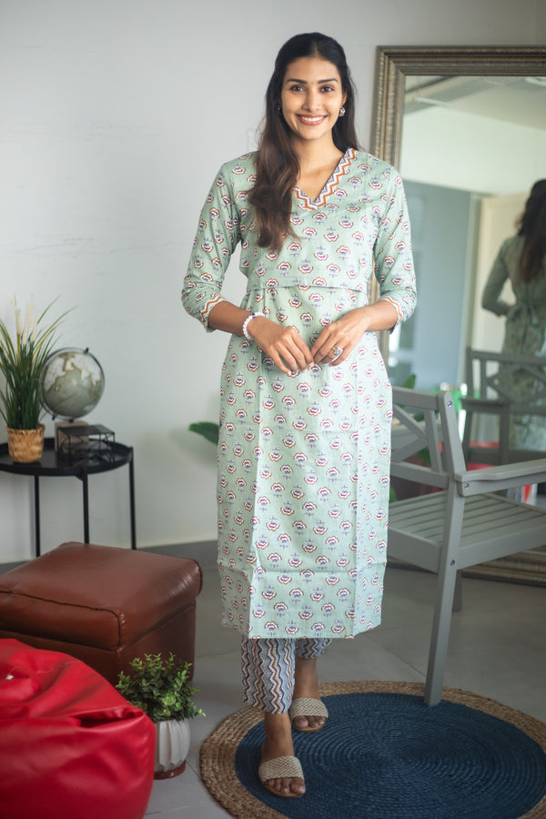 Light Green Block Printed Suit Set