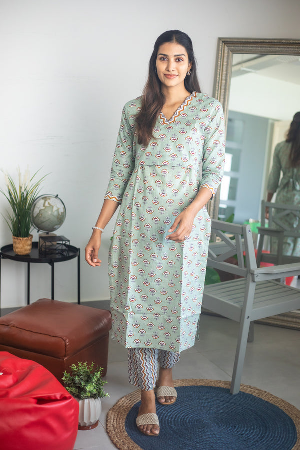 Light Green Block Printed Suit Set