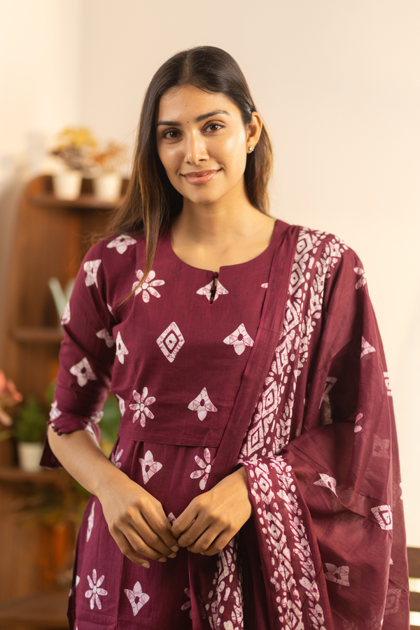 Maroon Feeding Straight Cut Set + Printed Chunni