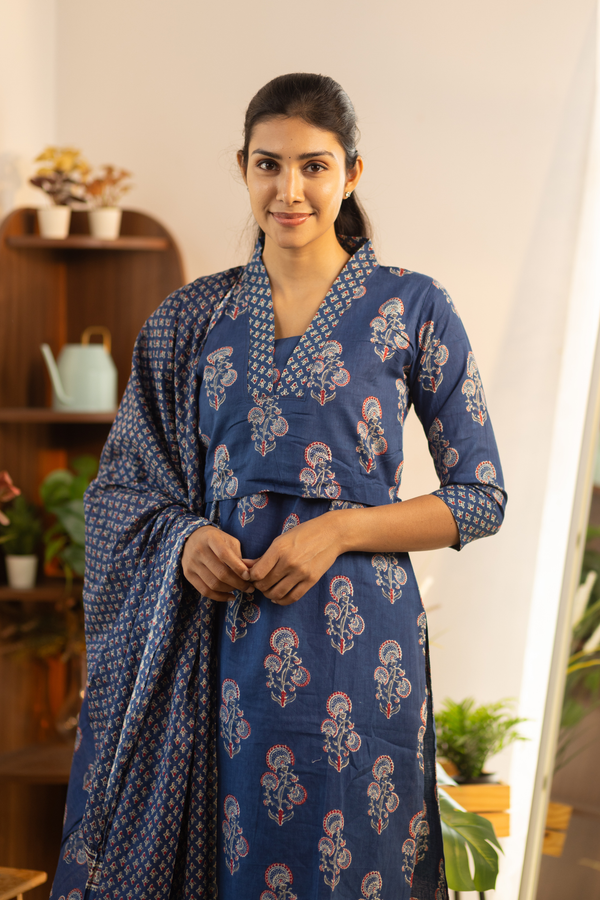 Navy Blue Feeding Straight Cut Set + Printed Chunni