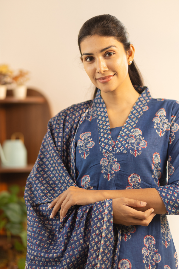 Navy Blue Feeding Straight Cut Set + Printed Chunni
