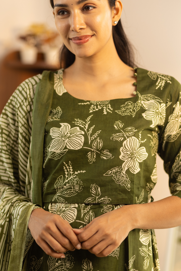 Dark Green Floral Feeding Set - Lehariya Chunni