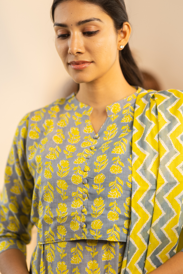 Grey with Yellow Floral Feeding Set + Printed Chunni