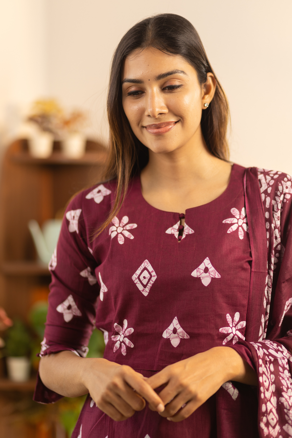 Maroon Feeding Straight Cut Set + Printed Chunni