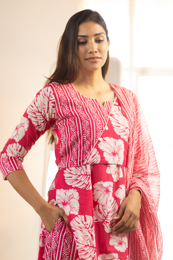Bright Pink Feeding Straight Cut Set + Printed Chunni