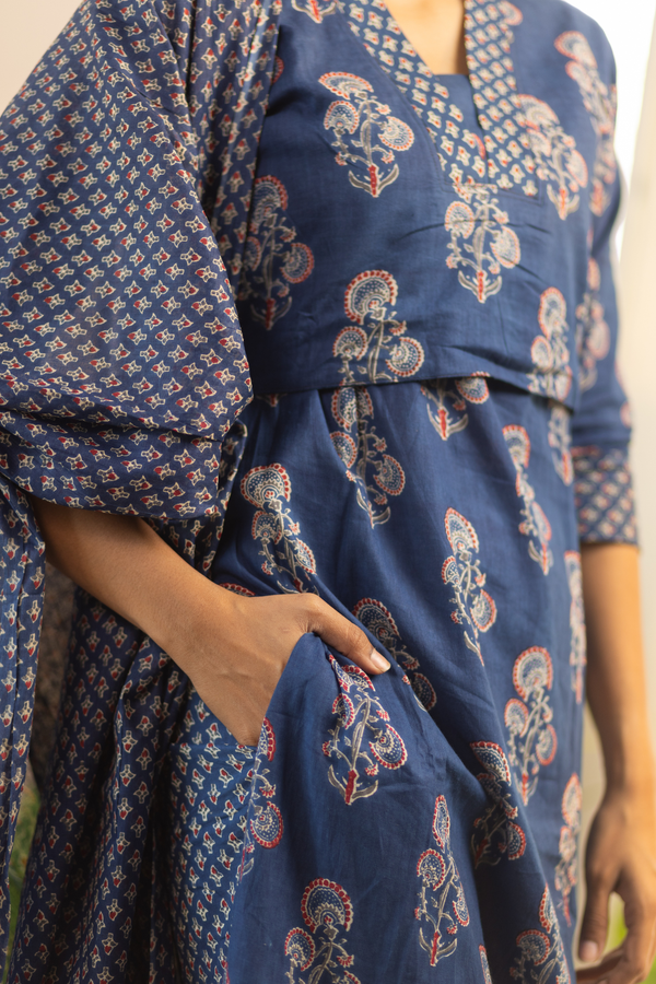 Navy Blue Feeding Straight Cut Set + Printed Chunni