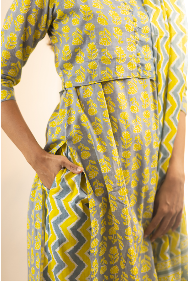 Grey with Yellow Floral Feeding Set + Printed Chunni