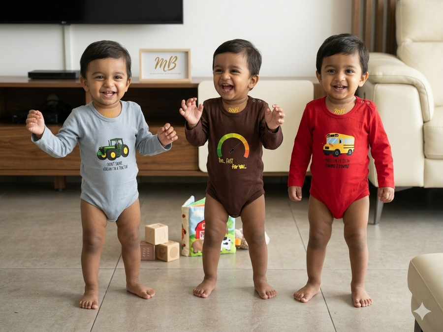 12-24 Months, Baby Boy Onesies Set of 3 (Brown, Blue, Red)