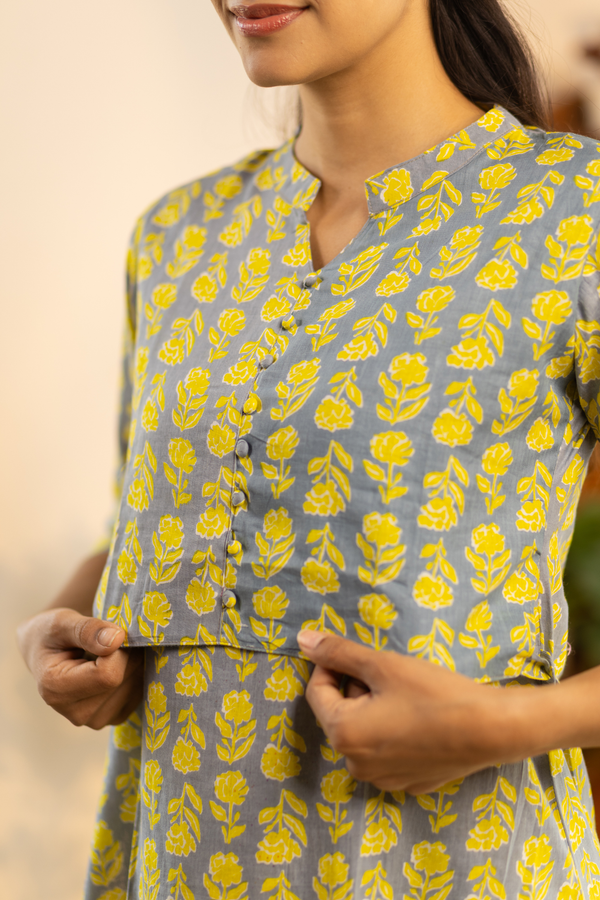 Grey with Yellow Floral Feeding Set + Printed Chunni