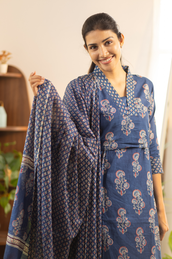 Navy Blue Feeding Straight Cut Set + Printed Chunni
