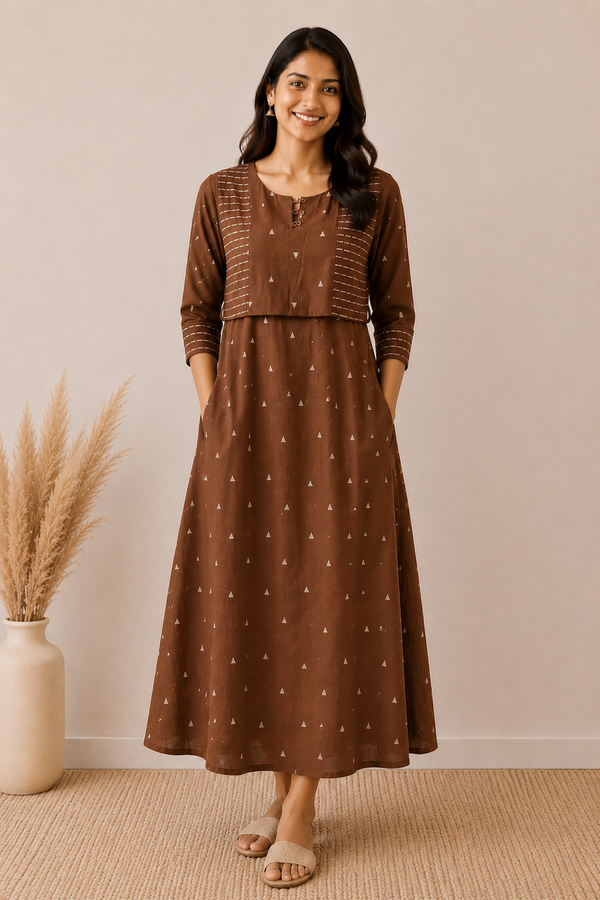 Brown with White Butis Handloom Feeding Maxi