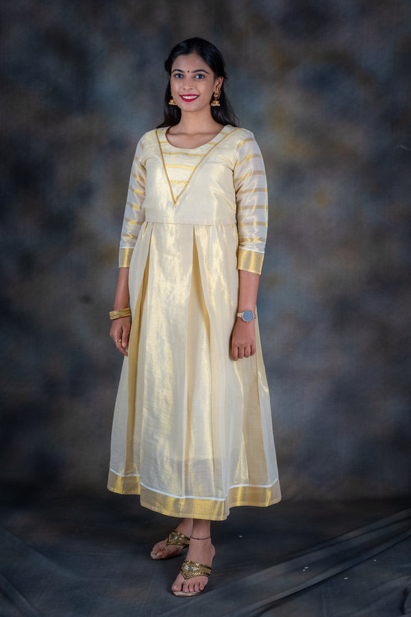 White & Gold Kasavu Maxi Dress