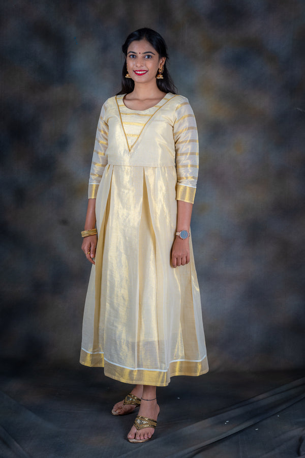 White & Gold Kasavu Maxi Dress Meera Bharadwaj White & Gold Kasavu Maxi Dress Meera Bharadwaj