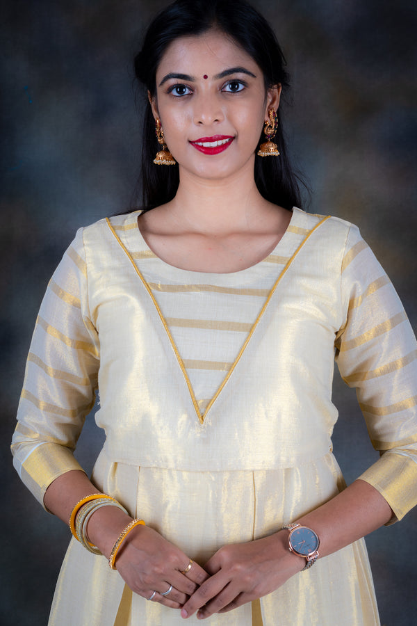 White & Gold Kasavu Maxi Dress Meera Bharadwaj White & Gold Kasavu Maxi Dress Meera Bharadwaj