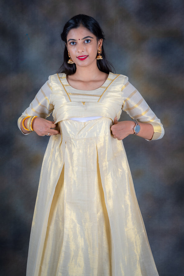 White & Gold Kasavu Maxi Dress Meera Bharadwaj White & Gold Kasavu Maxi Dress Meera Bharadwaj