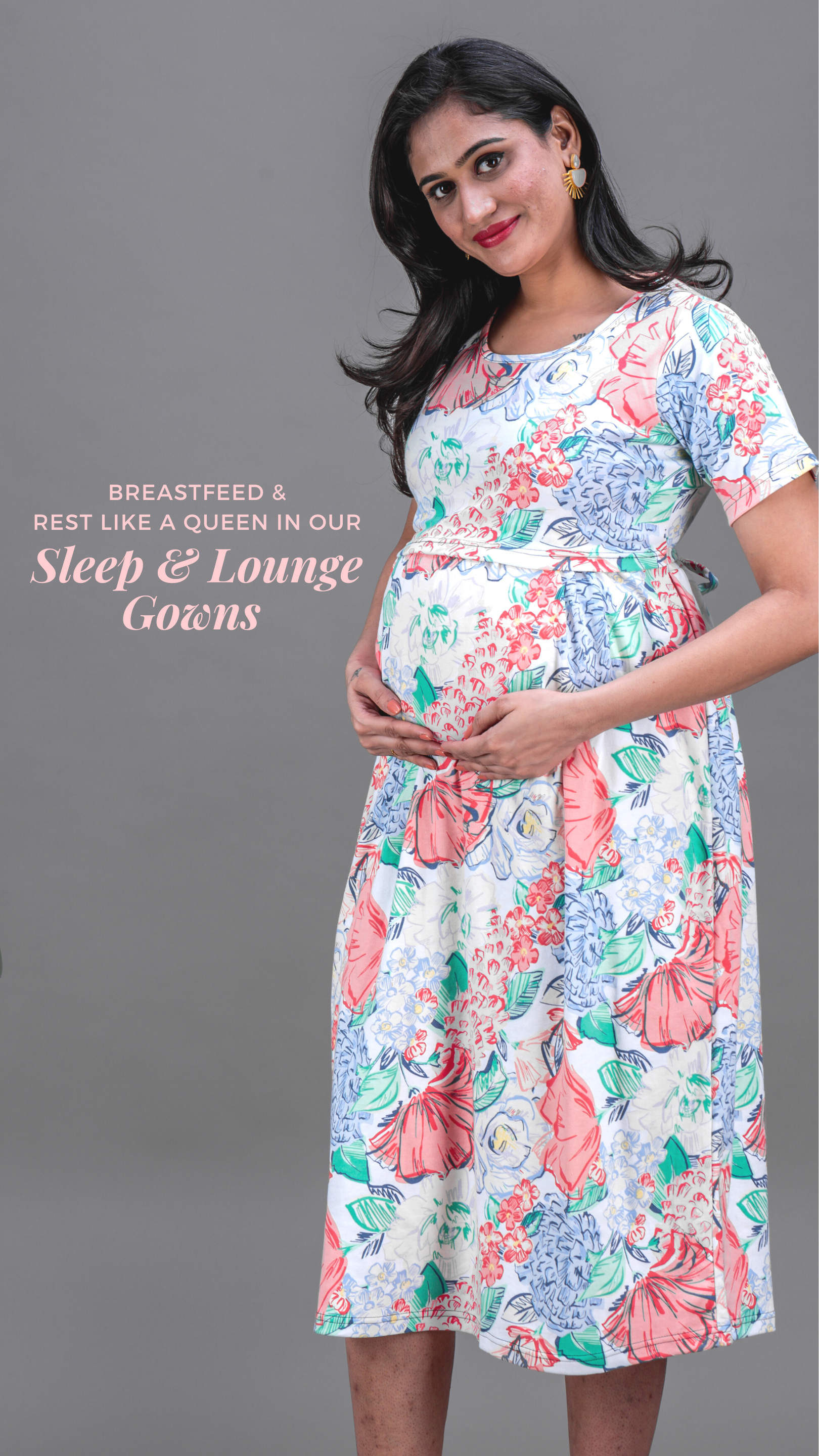 PinkBlush Grey Floral Sash Tie Maternity/Nursing Dress
