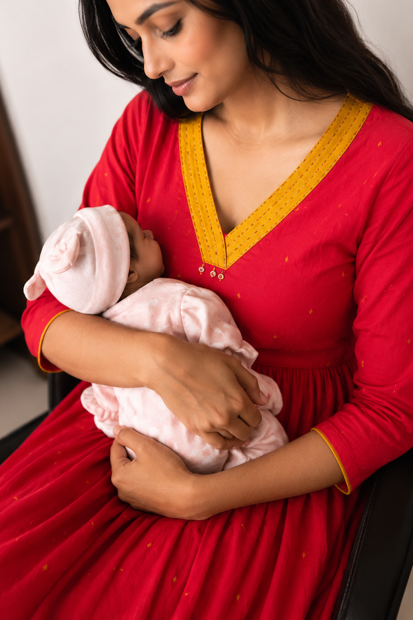 Red with Kantha Neck Design Handloom Feeding Maxi