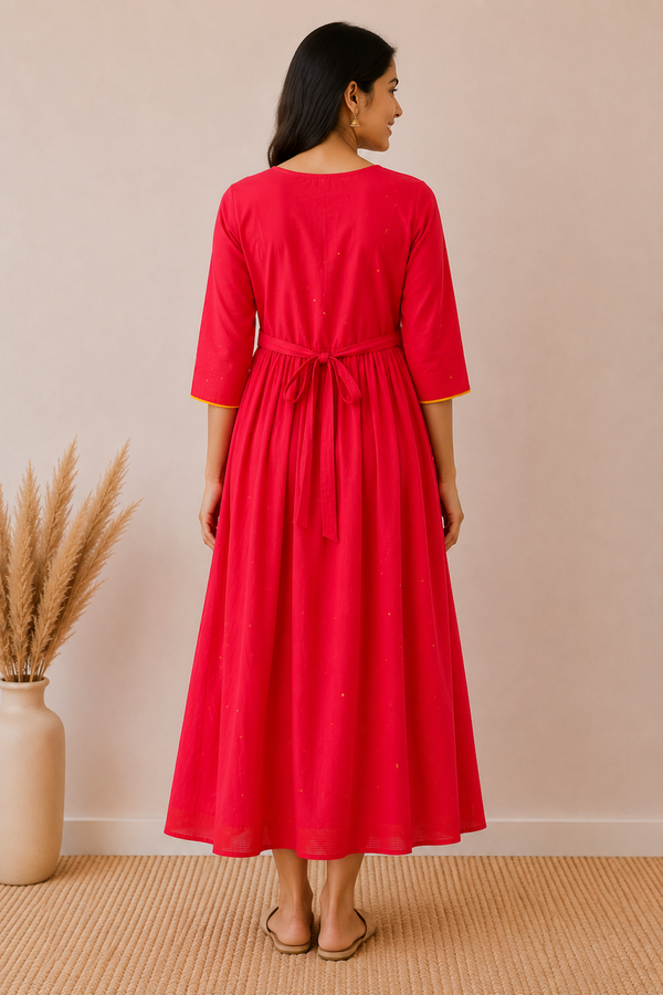 Red with Kantha Neck Design Handloom Feeding Maxi