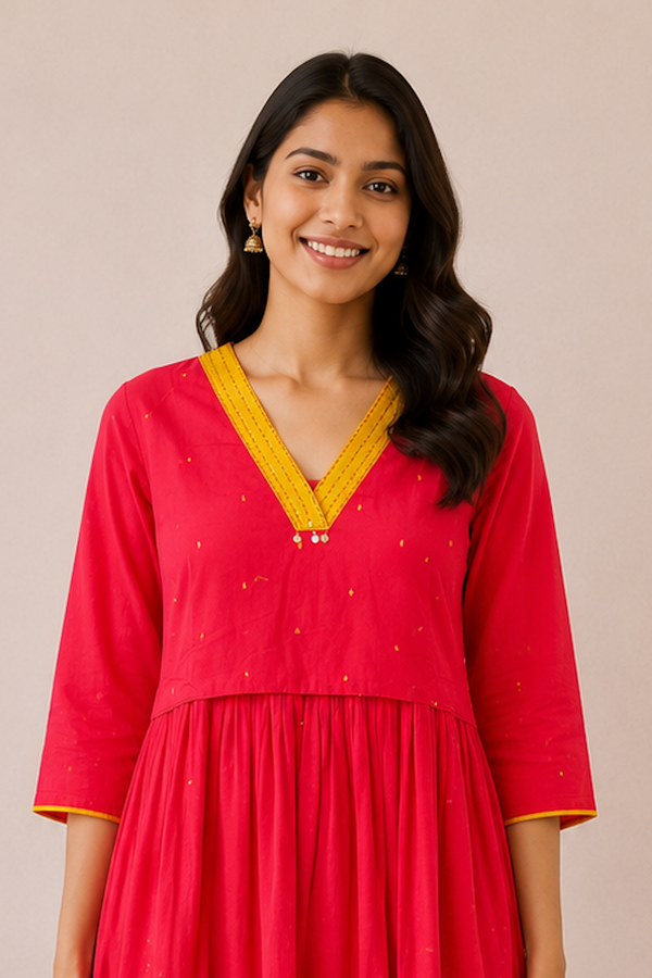 Red with Kantha Neck Design Handloom Feeding Maxi