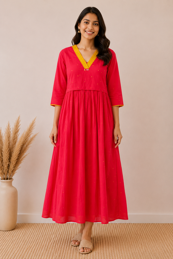 Red with Kantha Neck Design Handloom Feeding Maxi